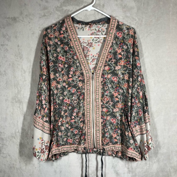 Free People Jackets & Blazers - Free People Wildflower Zip Kimono Too Size XS/S Black Floral Sheer Baggy Nature